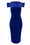 Blue Casual Solid Patchwork Slit O Neck Wrapped Skirt Dresses
