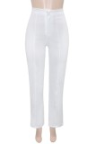 Calça branca casual sólida básica regular cintura alta convencional de cor sólida