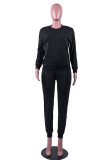 Black Casual Solid Patchwork Hot Drill O Neck Long Sleeve Two Pieces