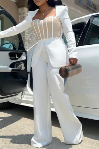 White Casual Patchwork Contrast Square Collar Regular Jumpsuits