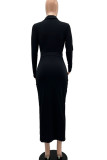 Vestidos de falda de lápiz con cuello en V y abertura de patchwork sólido casual negro