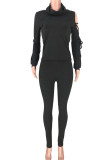 Black Casual Solid Bandage Hollowed Out Patchwork Turtleneck Long Sleeve Two Pieces