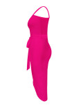 Розово-красное сексуальное однотонное платье в стиле пэчворк с косым воротником, асимметричное платье, платья
