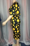 Yellow Casual Dot Print Patchwork O Neck Long Sleeve Plus Size Dresses