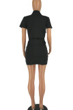 Khaki Casual Solid Patchwork Pocket Zipper Turndown Collar One Step Skirt Dresses