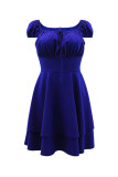 Blauwe casual effen patchwork frenulum vierkante kraag A-lijn jurken