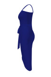 Colorido azul sexy sólido vendaje patchwork asimétrico cuello oblicuo vestido irregular vestidos