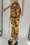 Yellow Casual Camouflage Print Patchwork Regular Conventional Full Print Trousers