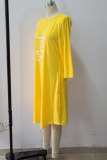 Желтые модные повседневные платья с принтом и круглым вырезом с длинным рукавом