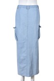 Light Blue Casual Solid Patchwork Slit Asymmetrical High Waist Regular Denim Skirts