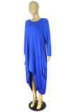 Blue Fashion Casual Solid Asymmetrical O Neck Long Sleeve Dresses