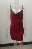 Burgundy Sexy Solid Patchwork Spaghetti Strap One Step Skirt Dresses