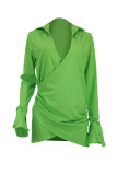 Fluorescerande grön Casual Solid Patchwork V-hals långärmade klänningar