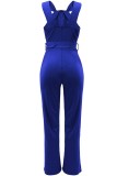 Blauw Casual Solid Patchwork Blote rug met riem V-hals Normale jumpsuits