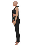 Black Sexy Solid Bandage Hollowed Out Patchwork Backless Fold Halter Sleeveless Two Pieces