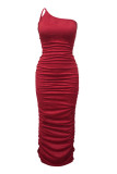 Red Fashion Sexy Solid Backless Fold One Shoulder Ärmelloses Kleid Kleider