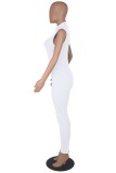 White Casual Solid Patchwork Zipper Collar Skinny Jumpsuits