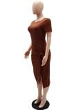 Brown Casual Solid Bandage Slit O Neck Short Sleeve Two Pieces
