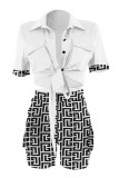 White Street Print Patchwork Buckle Turndown Collar Short Sleeve Two Pieces