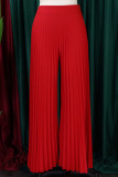 Rote, lässige, solide Patchwork-Faltenhose mit hoher Taille, gerade und einfarbig
