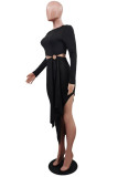 Red Bean Powder Fashion Casual Solid Hollowed Out O Neck Long Sleeve Irregular Dress