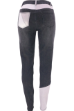 Calça jeans skinny preta casual color block patchwork cintura média