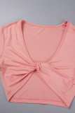 Pink Casual Solid Asymmetrical V Neck Long Sleeve Two Pieces