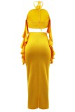 Yellow Sexy Casual Solid Bandage Patchwork Backless Slit Halter Sleeveless Two Pieces