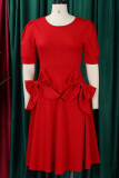 Red Casual Solid Patchwork With Bow O Neck A Line Dresses