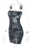Blue Street Print Patchwork Strapless Wrapped Skirt Dresses