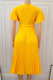 オレンジピンクのエレガントなソリッドパッチワークVネックプリーツプラスサイズのドレス