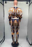 Deep Blue Casual Print Patchwork Turndown Collar Long Sleeve Two Pieces