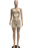 Camel Sexy Solid Bandage Backless Asymmetrisch Halter Mouwloos Two Pieces