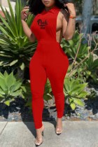 Roter Jumpsuit mit sexy Aufdruck und Buchstaben-Umlegekragen