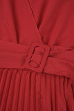 Vestidos casuais vermelhos lisos frênulo plissados ​​decote em V manga longa