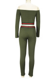 Tenue de sport décontractée vert armée patchwork uni à épaules dénudées manches longues deux pièces