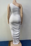 White Sexy Casual Plus Size Solid Backless Slit Fold Oblique Collar Sleeveless Dress