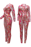 Rose Red Street Print Patchwork Turndown Collar Long Sleeve Two Pieces