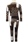 Brown Fashion British Style Adult Print Patchwork O Neck Plus Size