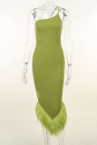 Green Sexy Solid Patchwork Feathers Asymmetrical Oblique Collar Trumpet Mermaid Dresses