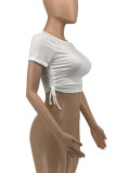 White Casual Solid Hollowed Out Patchwork Draw String O Neck T-Shirts