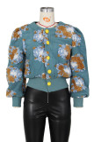 Blue Black Casual Print Patchwork Buckle Outerwear