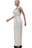 White Casual Solid Patchwork With Belt Stringy Selvedge Spaghetti Strap Straight Jumpsuits
