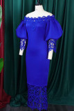 Синие элегантные однотонные платья в стиле пэчворк с открытыми плечами и юбкой на один шаг (без броши)