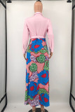 Pink Fashion Sexy Print Patchwork Turndown Collar A Line Dresses