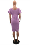 Светло-фиолетовое модное однотонное платье с V-образным вырезом и короткими рукавами с бисером