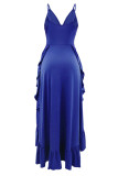 Синий сексуальный сплошной выдолбленный лоскутное платье с оборками и уздечками на тонких бретелях