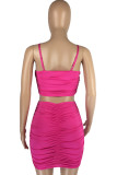 Rose Red Sexy Casual Solid Backless Fold Spaghetti Strap Sleeveless Two Pieces