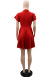 Red Casual Solid Patchwork Turndown Collar Short Sleeve Dress