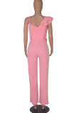 Pink Sexy Solid Patchwork Volant Spaghetti Strap Gerade Overalls